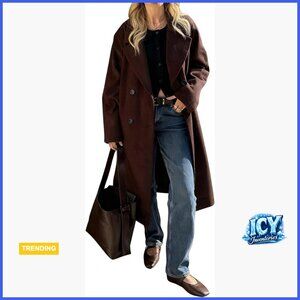 Long Wool Blend Double Breasted Pea Coat Notch Lapel Winter Coat